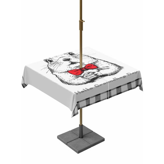 Outdoor Tablecloth with Umbrella Hole for Patio/Picnic/Party/Camping, Groundhog Day Waterproof Table Cloth Square Cover Washable, Red Bow Knot Black Plaid (60"x 60")