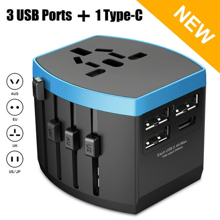 Nerdi Universal Travel Adapter, All in one International Power Adapter for US / UK / Europe / AUS Over 150 Countries Worldwide, 1 AC Outlet + 1 Type-C Port + 3 USB