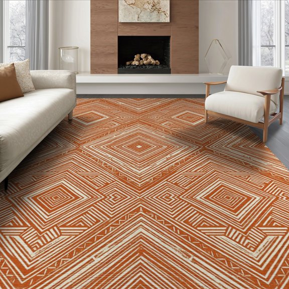 ODIKA 8'x10' Washable Area Rug Geometric Vintage Abstract Repeating Motif Balanced Mid Century for Living Room, Under Sectional, Family , Durable, Non-Slip