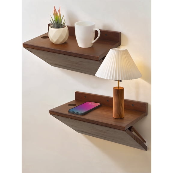 Gronda Floating Nightstand Set of 2,Space Saving Wall Mounted Bedside Table with Cable Hole,Walnut Wood Small Hanging Nightstands for Bedroom Apartment