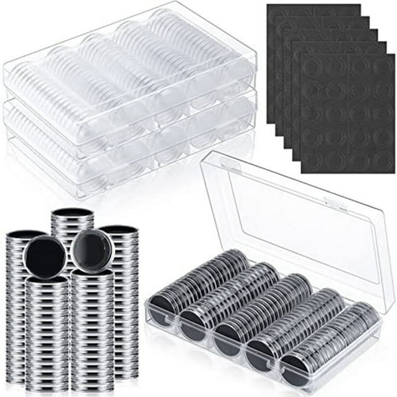 300 Pcs 30 mm Coin Capsules with Black Protect Gasket Foam 5 Sizes (17/19/21.5/25/27/30mm) Coin Holder Case