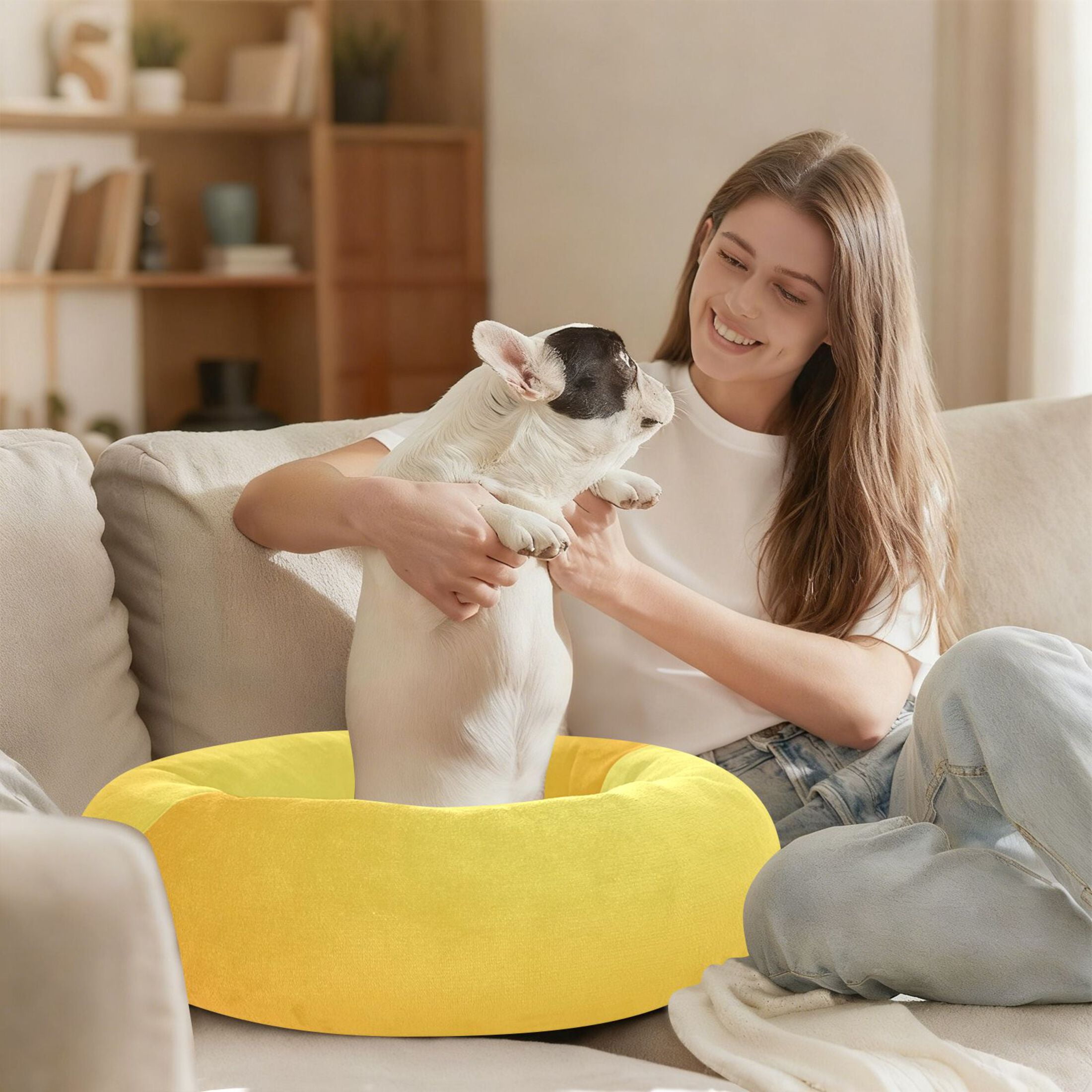 Iauyy Pet Couch Donut Cat Bed for Indoor Cats/Small Dogs Washable & Machine with Non-slip Bottom Calming Cat Furniture, Yellow Gradient (M)