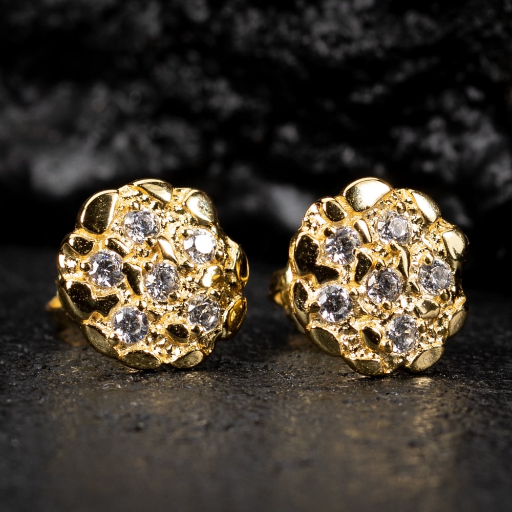 Circle 14K Yellow Gold Plated 925 Sterling Silver Screw Back Post Round Retro 90's Hip Hop Ice Out Cz Solid Gold Nugget Stud Earrings