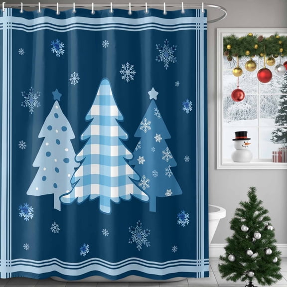 Blue Christmas Tree Shower Curtains for Bathroom, Winter Snowflakes Striped Navy Waterproof Fabric Shower Curtain for Bathroom Bathtub Decoration, Machine Washable, 72"x72"
