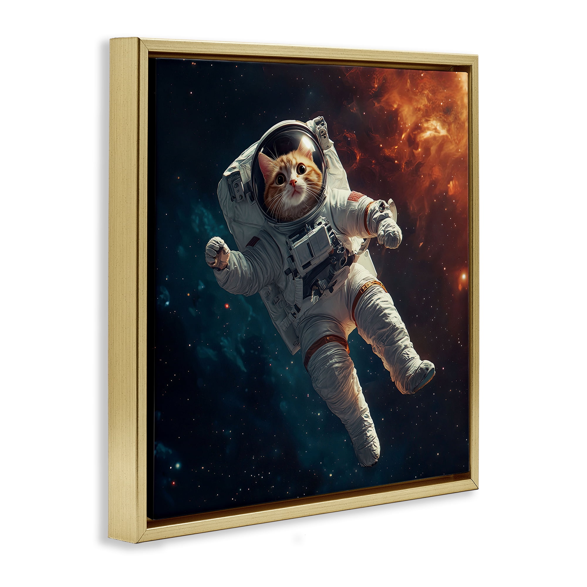 Interstellar Cat Astronaut Gold Framed Floater Canvas Wall Art, design by Jim Baldwin