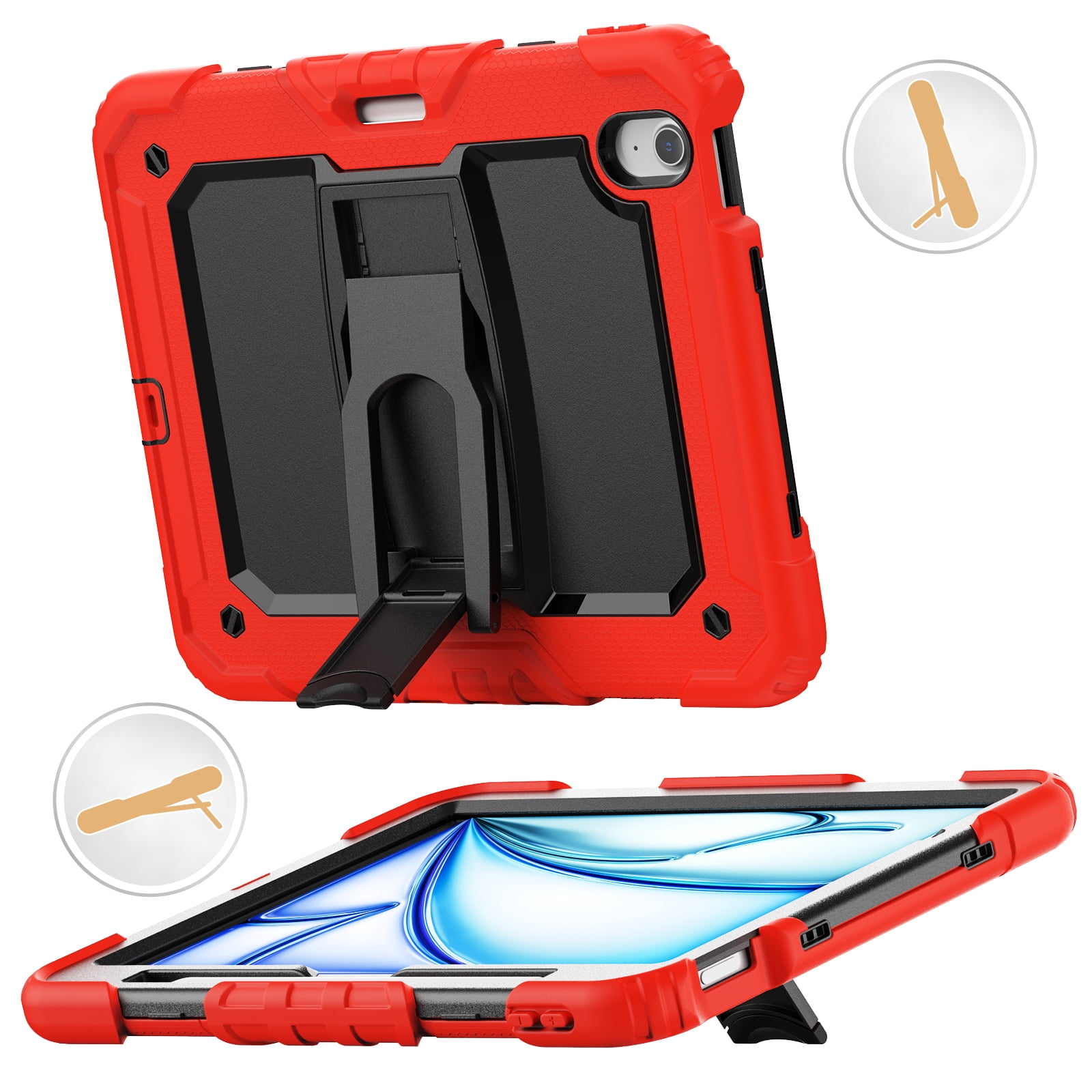 Rugged Case For Apple iPad Air 11 (2024) – 3-Layer Protection Shockproof Stand Cover with Screen Protector, Adjustable Stand, Shoulder Strap, & Pencil Holder -- Red