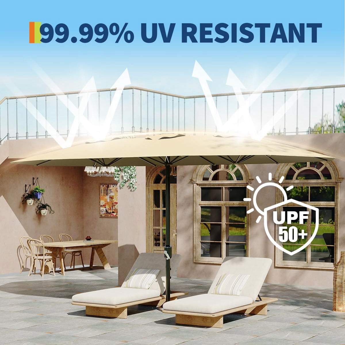 WildBreak Triple Size Large Patio Umbrella, with Crank Handle, Double-Sided, 13' x 6.5', Beige