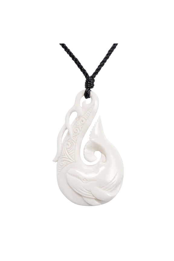 Women's Men's Hand Carved Bone Sea Waves Maori Hei Matau Hook Whale Pendant Necklace