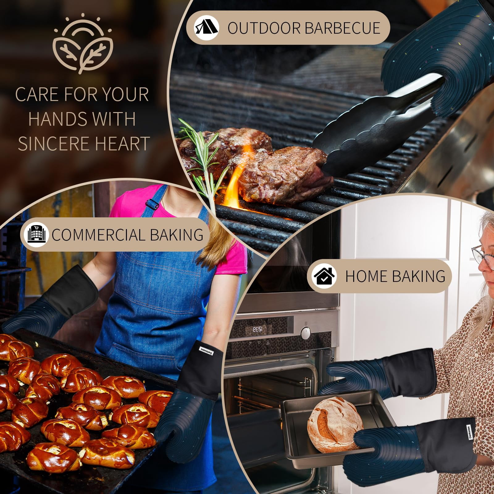 Oven Mitts Darkgrey 4-Piece Silicone Cotton Lined Set for Cooking Baking BBQ