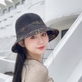 thumbnail image 4 of SikaFu Grass Woven Contrasting Striped Hollowed Out Fisherman Hat For Women Summer Wide Brimmed Sun Protection Hat For Outdoor Outings, Holiday Face Covering Sun Hat, 4 of 9