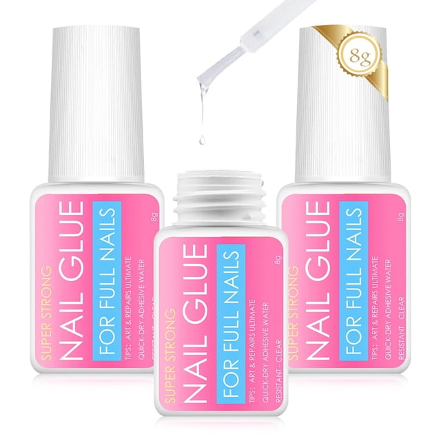 3 botellas de pegamento para uñas de 8 g, pegamento para uñas de secado rápido, pegamento para uñas súper fuerte para puntas de uñas con cepillo, pegamento para uñas para uñas acrílicas, pegamento par