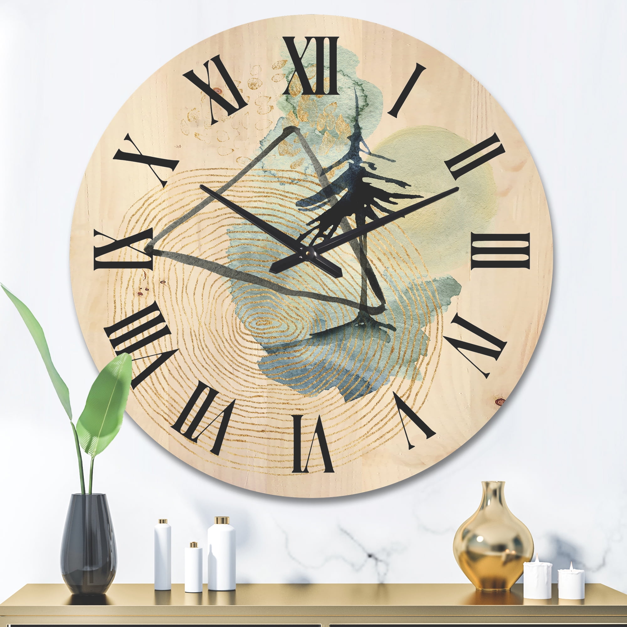 Designart 'Abstract Landscape Of Mountains Tree and Moon' Mid-Century Modern Wood Wall Clock