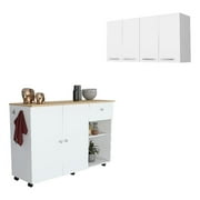 Malibu 2 Piece Kitchen Set, Kitchen Island Cart Victoria + 120 Wall Cabinet, White / Light Oak