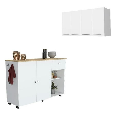 Malibu 2 Piece Kitchen Set, Kitchen Island Cart Victoria + 120 Wall Cabinet, White / Light Oak