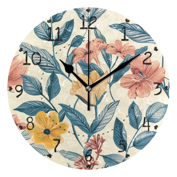 Flowers and Leaves Vintage Round Wall Clock Silent Analog Battery Operated Black Pointer Home Decor 9.84" Diameter