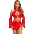 thumbnail image 1 of Yeahdor Womens Glossy Pu Crop Top Halter Off Shoulder Flared Sleeve For Clubbing Raves Red 3XL, 1 of 6
