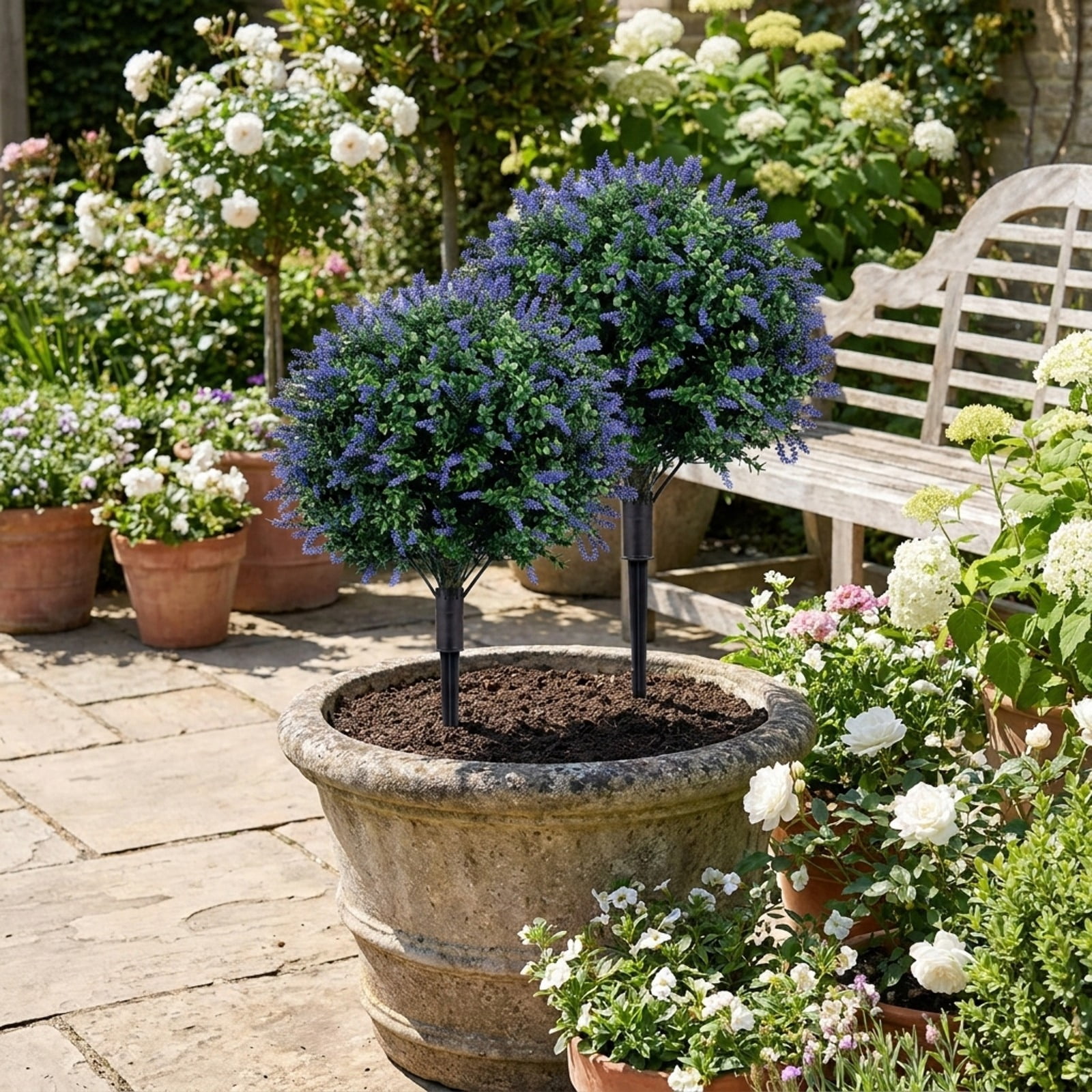 Vebreda Artificial Plant Decor, 2 Pack Artificial Lavender Boxwood Topiary Ball Trees with Ground Spikes, Natural Look with Floral Accent