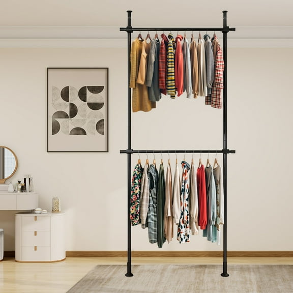 Peakora 2-Tier Floor Ceiling Laundry Drying Rack Heavy-Duty Clothes Storage System Adjustable Coat Rack Closet Organizer Black up to 220.46lbs