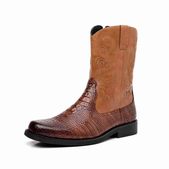 Men's Western Cowboy Boots, Embossed Leather & Embroidered Casual Boots, Brown Black Mid-Calf Boots