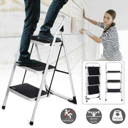 Grtsunsea Foldable 3-Step Ladder Tool Equipment Non Slip Safety Tread Step Ladder Platform for Household Kitchen Cleaning Indoor, Outdoor, 330LB Load Capacity, Easy