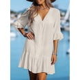 thumbnail image 6 of Women'S V Neck Ruffled Cover Up Button Down Bathing Suit Beach Dress with Short Sleeves Cream White XXL, 6 of 7