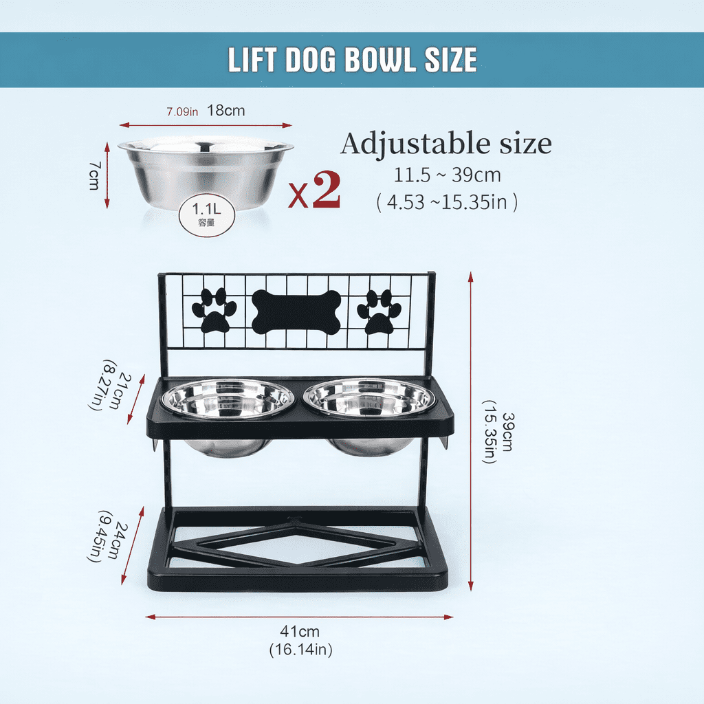 DOULAIMENG Adjustable Height Large Stainless Steel Food Bowl with 2 Stainless Steel Dog Bowls for Dogs, Black Paw Print