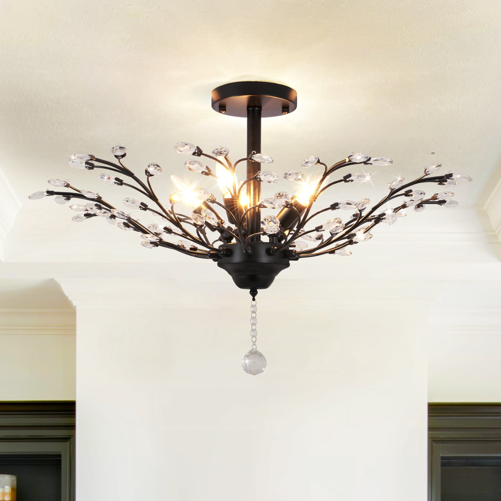 Vintage Large Crystal Branches Chandeliers Black Close to Ceiling Light Flush Mount Fixture with 5 Light