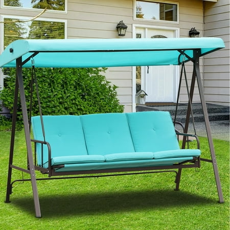 Porch Swing with Canopy 3-Seat Patio Swing Chairs for Backyard Porch Converting Canopy Swing Chairs with Adjustable Canopy and Cushions Steel Outdoor Porch Swing Bed Blue