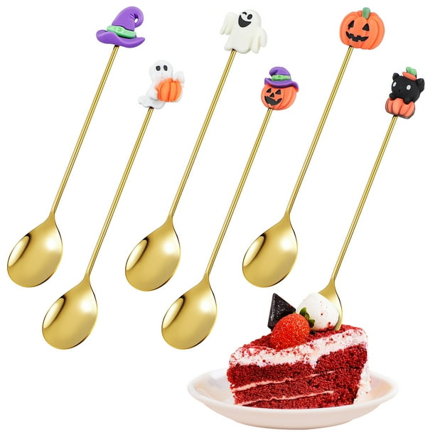 Juego de 6 cucharas de acero inoxidable estilo Halloween para pasteles y postres.