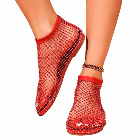 Qingpeng Womens Rhinestone Embellished Mesh Flat Sandals Open Toe High Ankle Design Breathable Slip On Summer Shoes