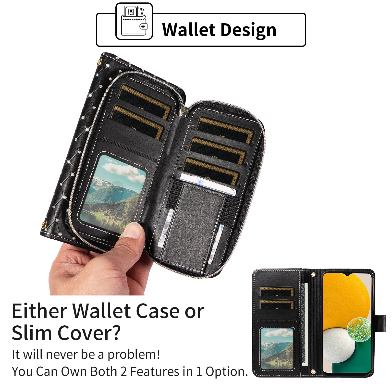 Compatible with Samsung Galaxy A13 5G Wallet Phone Case Tempered Glass Screen Protector Bling Glitter Crossbody Lanyard Strap Flip Zipper Purse Card Holder Cell Cover for A04S M13 A136U Women Black