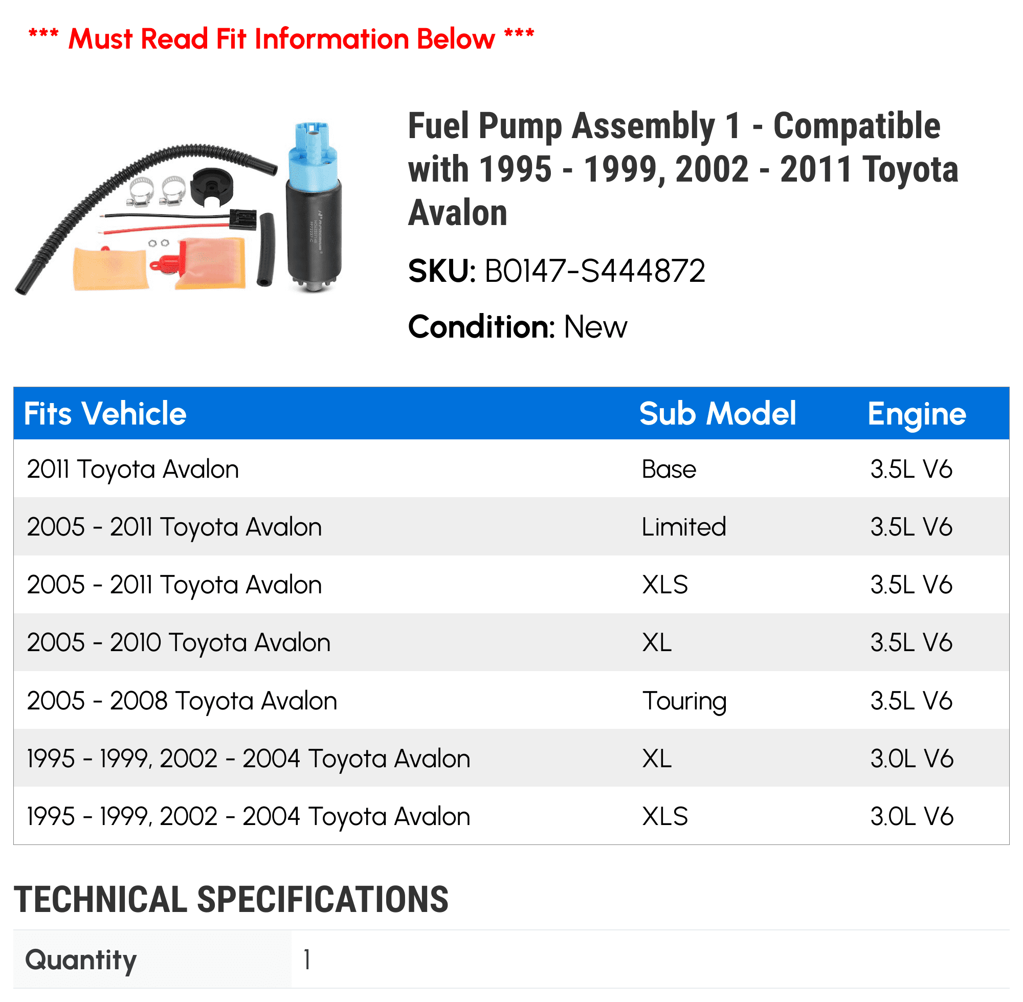 Fuel Pump Assembly 1 - Compatible with 1995 - 1999, 2002 - 2011 Toyota Avalon - Autopart Premium