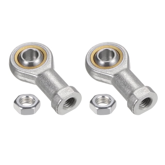 Unique Bargains 2pcs SI8T/K 8mm Rod End Bearing with M8x1.25 female right-hand thread, made of cast iron and brass. Features a silver tone finish and a total length of 48mm. Designed for smooth and flexible motion in mechanical assemblies, with corrosion resistance and low noise operation. Suitable for use in engineering hydraulic cylinders, forging machine tools, and automation equipment. Includes two rod end bearings and matching nuts.