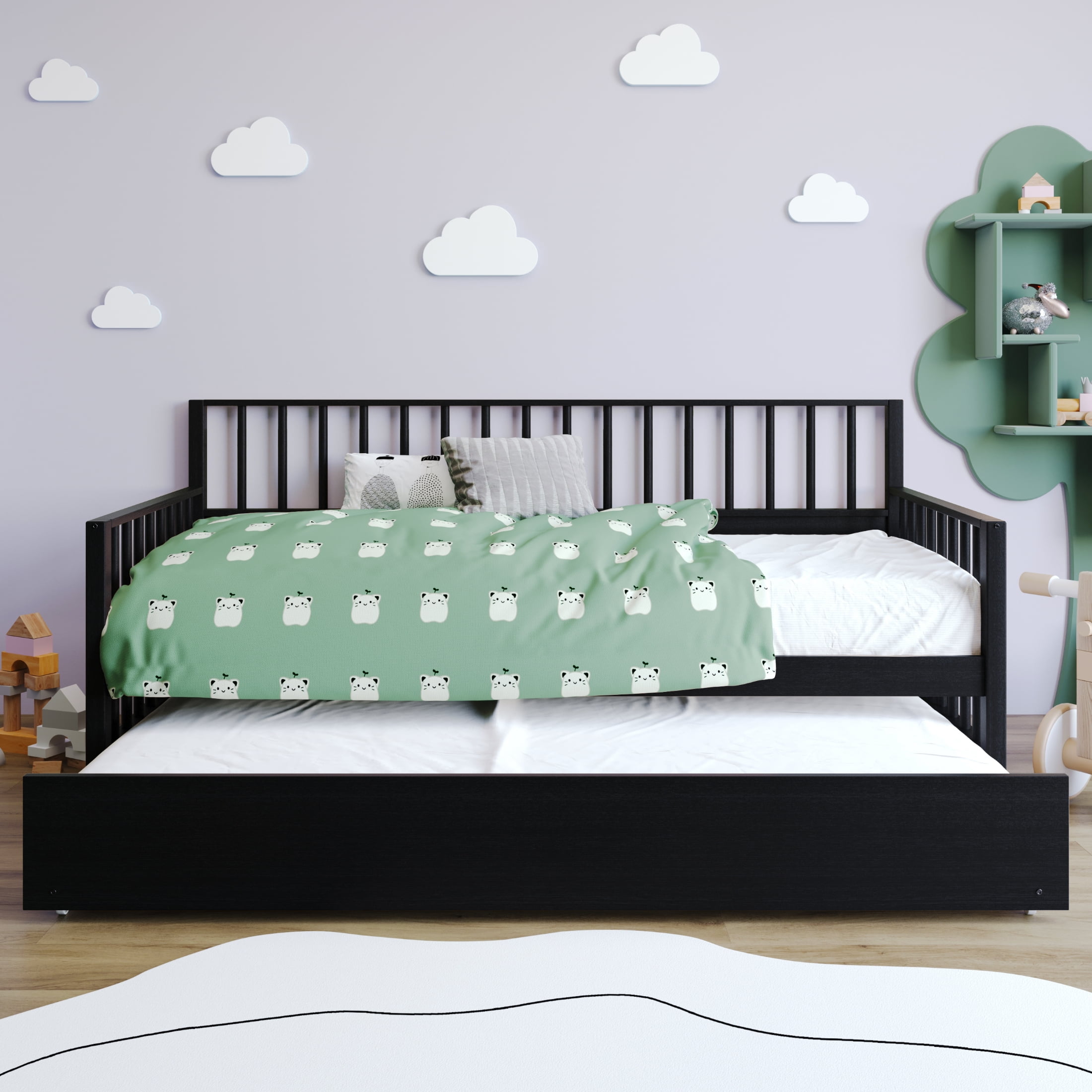 Castle Place Vintage Wood Twin Daybed with Trundle, Black