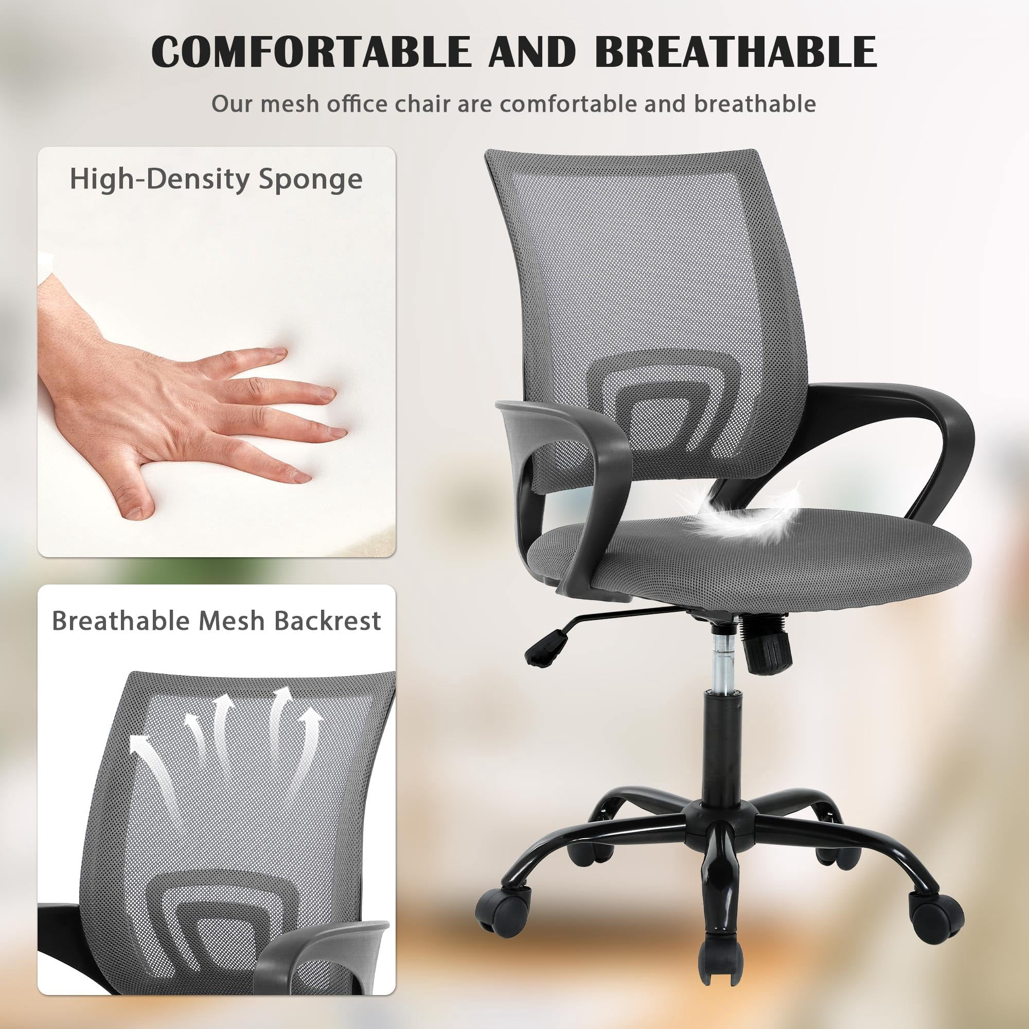 CL.HPAHKL Ergonomic Office Chair Set of 2, Mesh Computer Desk Chair with Mid-Back Support & Armrests, Adjustable Height Swivel Task Chair for Home Office, Study, Gaming, Gray