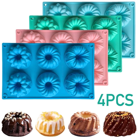 Mini Bundt Cake Pan,6-Cavity Fluted Tube Cake Pan,Non Stick Silicone Fancy Baking Molds for jello,Cupcake,Doughnut,Cornbread,Brownie (Set of 4)