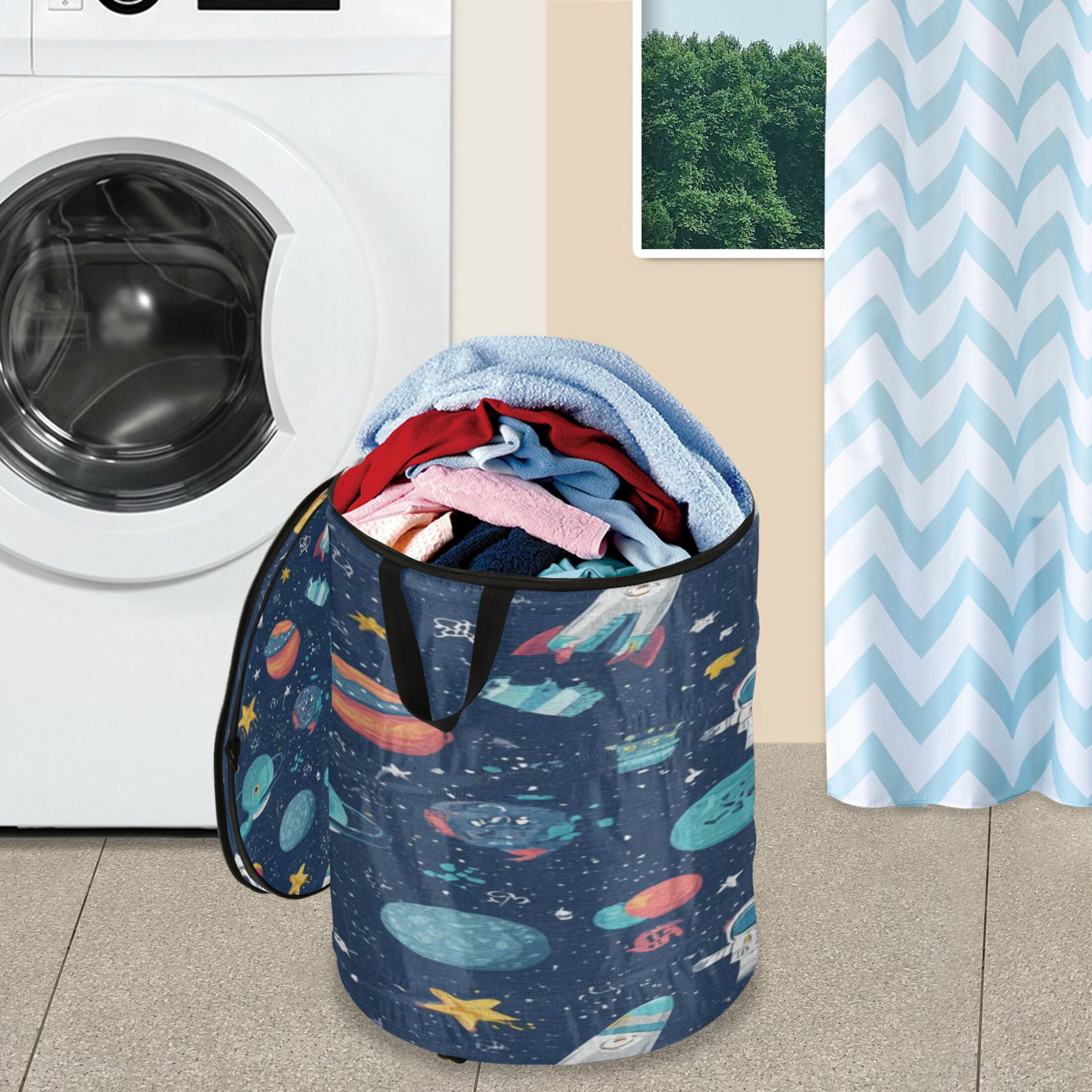 Wobogo Space Themed Foldable Laundry Baskets with Carry Handle Zipper Closure Travel Bathroom College Dorm Essentials