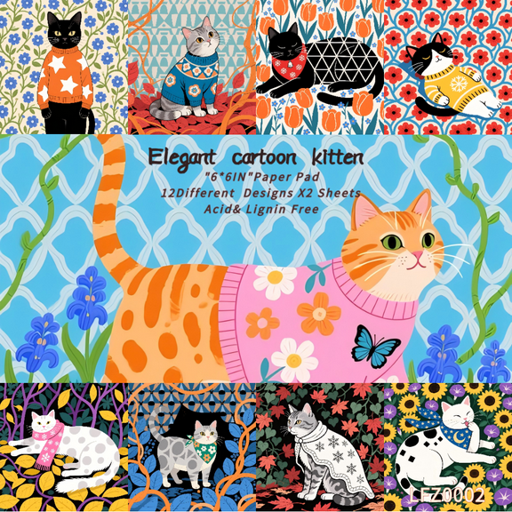 24pcs Elegant cartoon kitter Scrapbook Supply Set. Suitable for letter writing, decorating scrapbooks, bullet journal supplies, collage backgrounds, stationery, decorative washi sticker material p