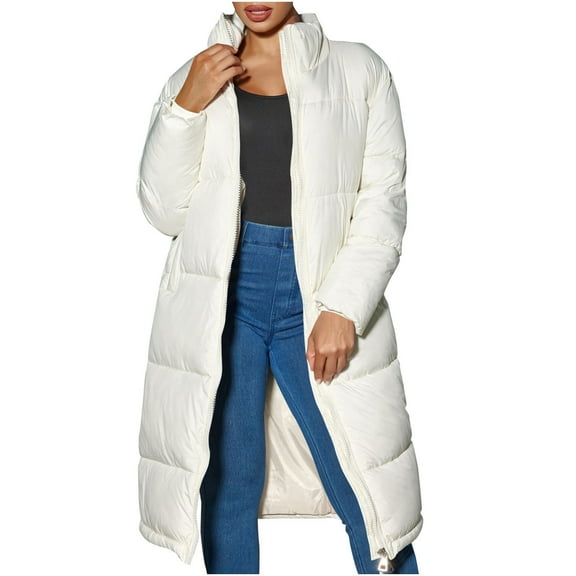 XPMWRP Women's Quilted Thicken Long Puffer Coat Long Sleeve Solid Color Baggy Down Jacket Winter Warm Zip Up Trendy Clothes with Pockets White XXL