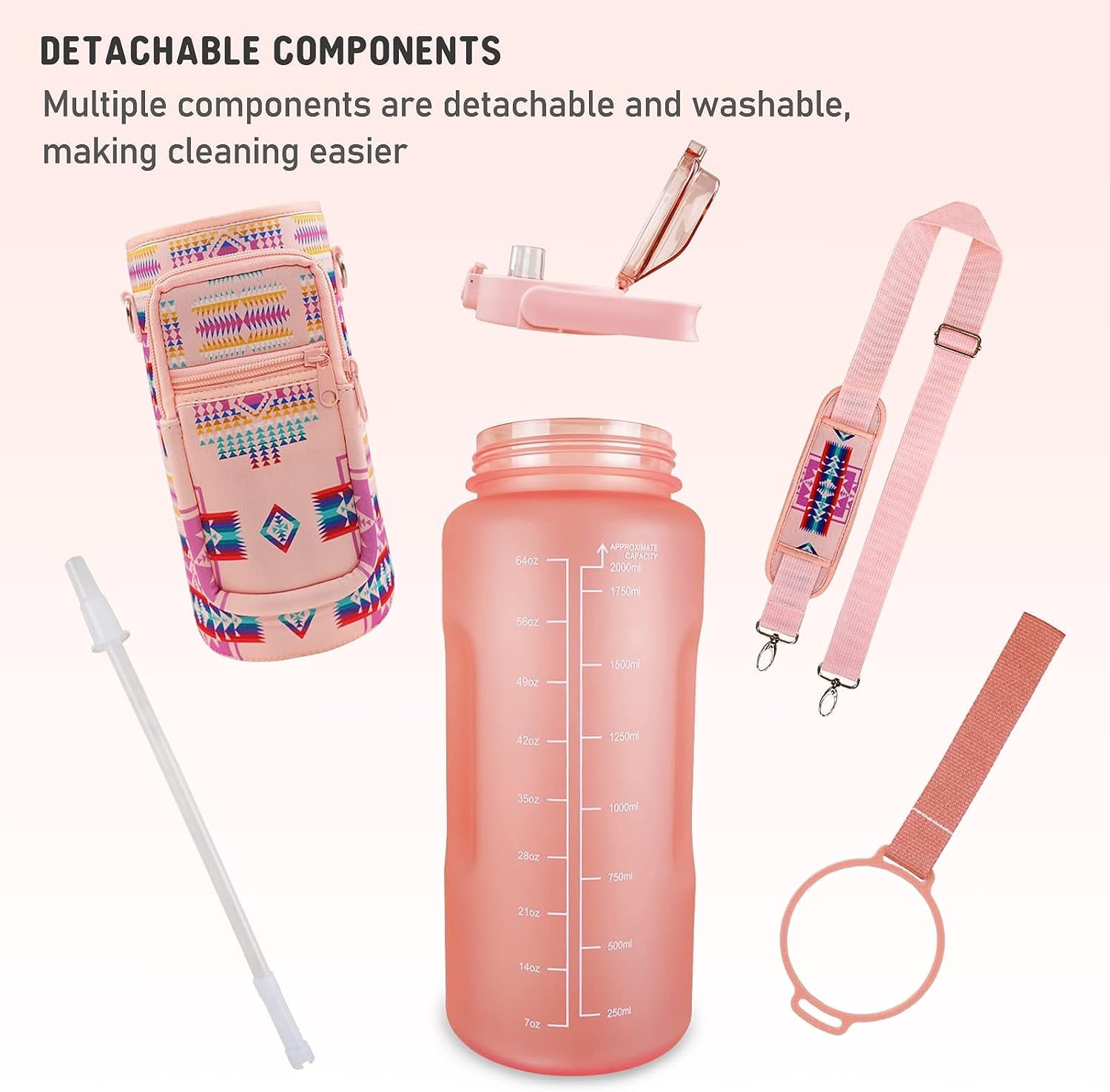 64 oz Bohemia Water Bottle with Sleeve BPA Free Half Gallon Water Jug with Straw and Time Marker, Motivational Gym Workout Pregnancy Water Bottles Gifts for Women