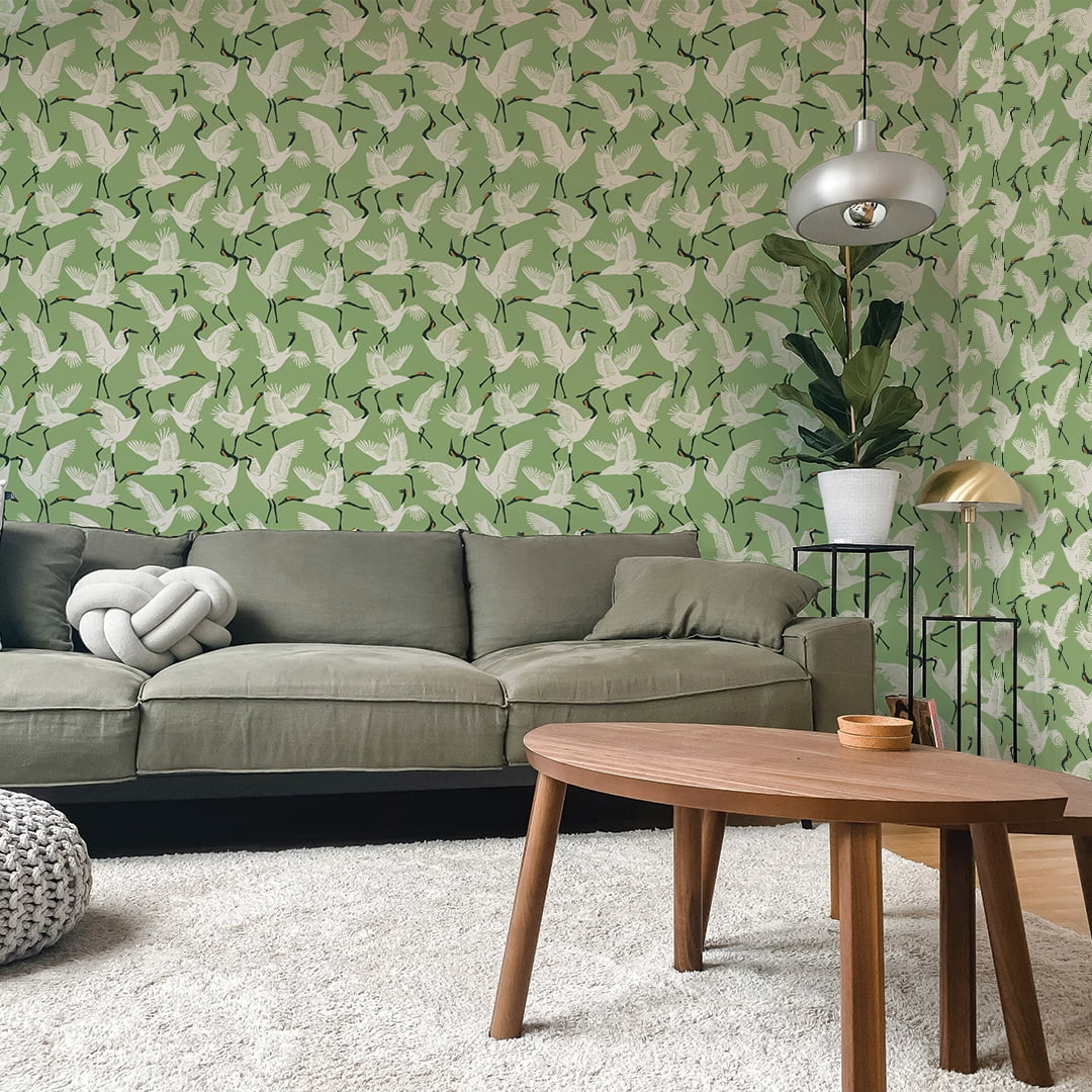 Tempaper x Novogratz Family of Cranes Green Peel and Stick Wallpaper, 20.5" x 16.5'