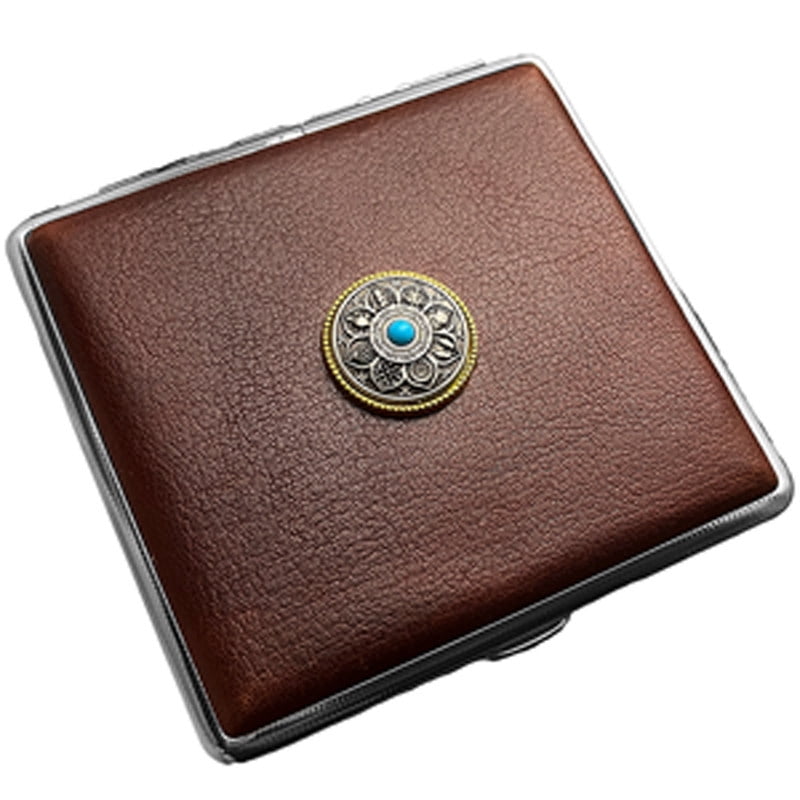 NP18 cowhide cigarette case thick cigarette side-turned ultra-thin cowhide hand-made first layer classic men's retro 20-pack gift,SKU00339-04黑色黄铜虎头