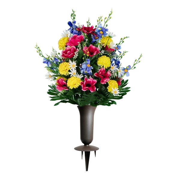 Sympathy Silks Artificial Cemetery Flowers Pink Anemone Garden Mix Bouquet with Vase