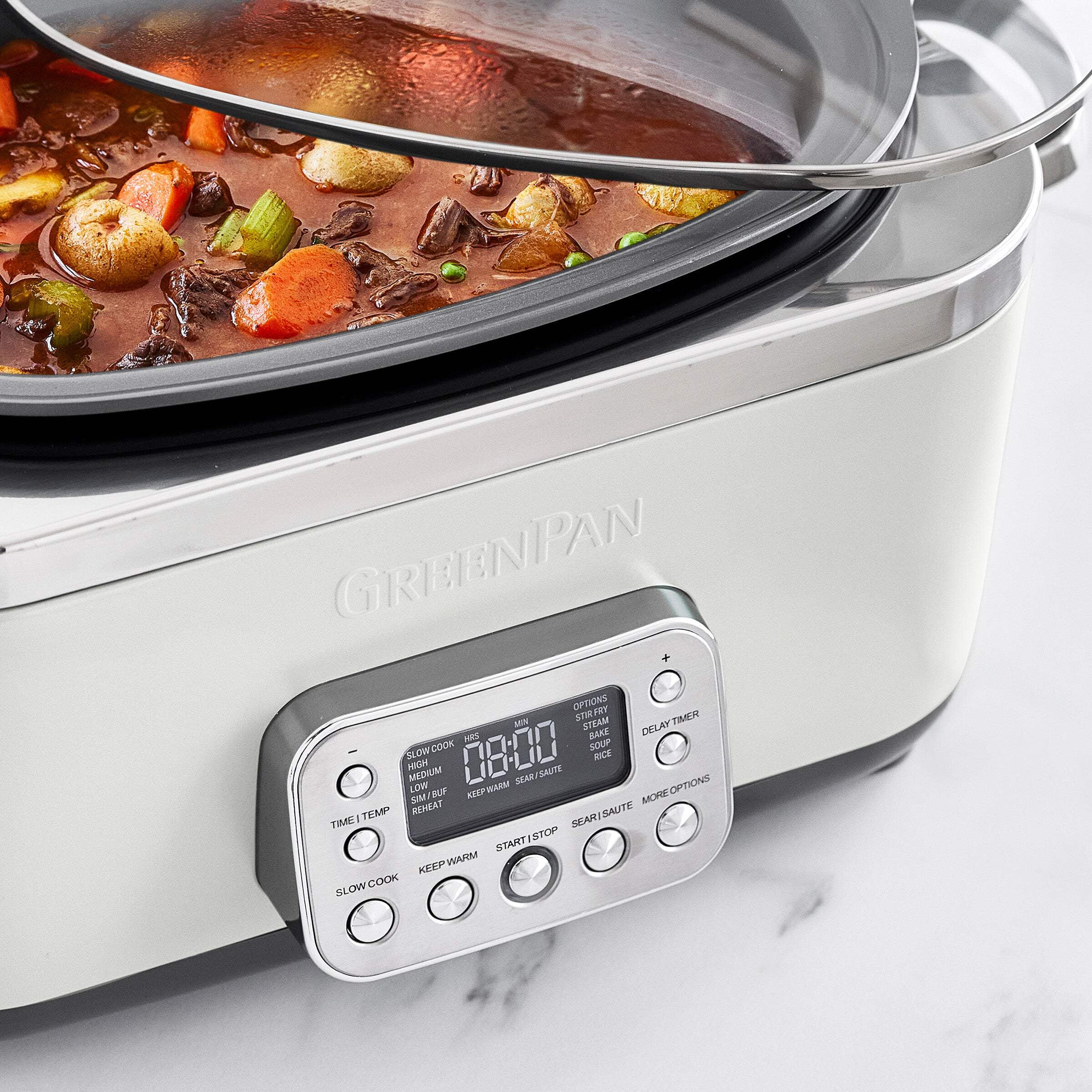 GreenPan 6-Quart, 14-in-1 Slow Cooker, Family Size, Ceramic Nonstick, Dishwasher Safe Parts, Cream