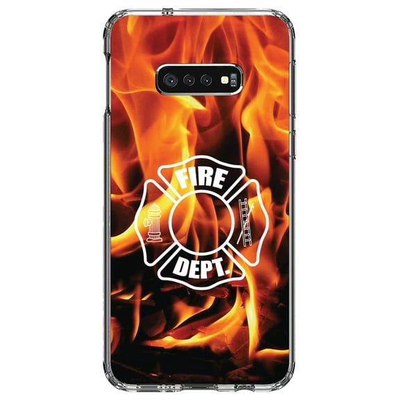 DistinctInk Clear Shockproof Hybrid Case for Samsung Galaxy S10e (5.8" Screen) - TPU Bumper, Acrylic Back, Tempered Glass Screen Protector - Flames Fire Department Maltese Cross - First Responders