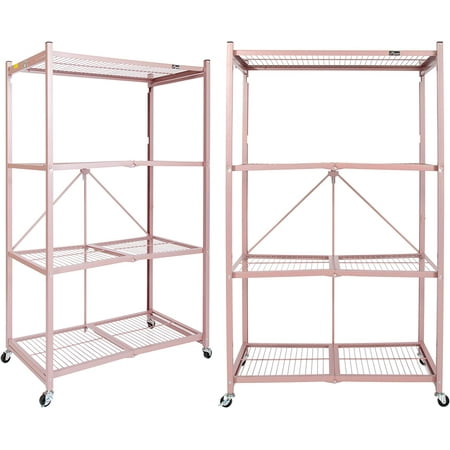 Heavy Duty 4-Tier Metal Garage Shelving with Wheels, Collapsible Storage Organizer, Holds 1000 lbs, Rose Gold, 2-PACK