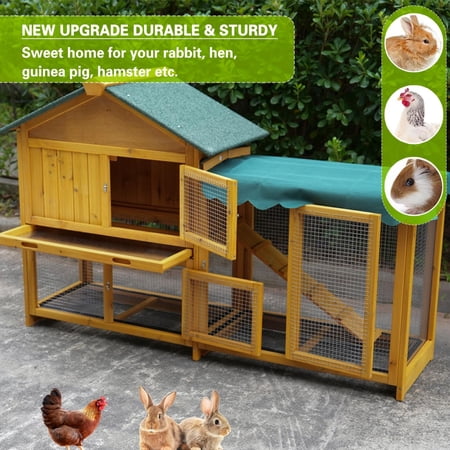 59.8-Inch Rabbit Hutch with Outdoor Run and Non-Leak Tray, Indoor Bunny Cage and Small Animal House with UV Panel and Waterproof Cover, Dark Yellow