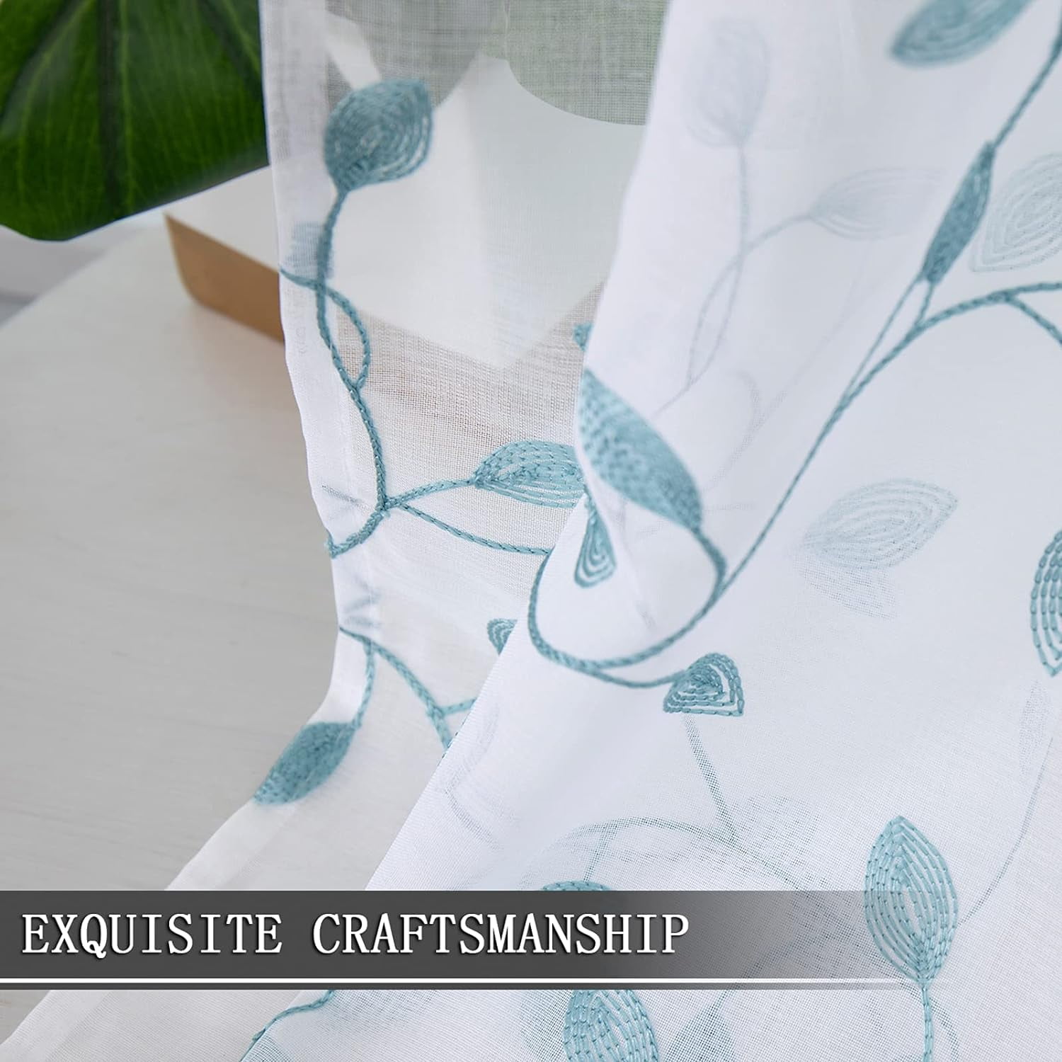 Sunyuer Leaves Short Sheer Curtains Teal Blue Leaf Embroidery Curtain Rod Pocket Voile Faux Linen Embroidered Leaves Curtains for Bedroom Living Room, 52W X 72L inch, Set of 2 Panels, Teal Blue