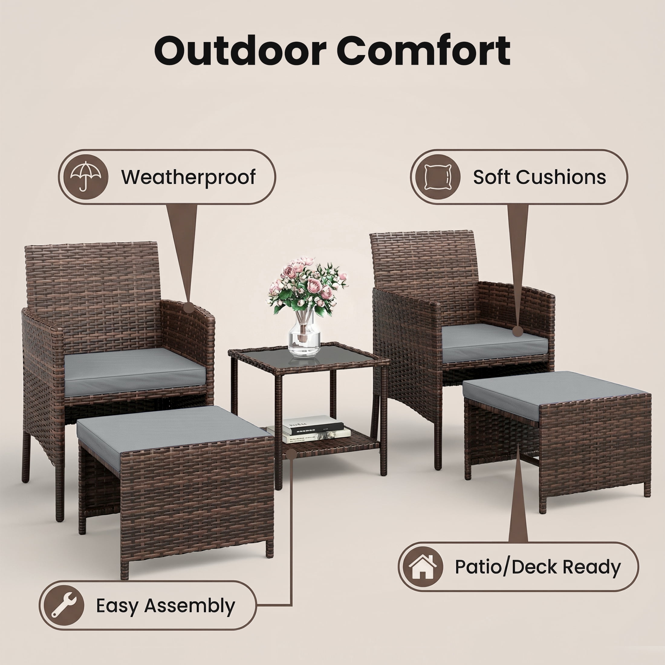 UDPATIO Balcony Furniture 5 Piece Patio Furniture Set, Outdoor Brown Wicker Chairs with Ottoman, Grey