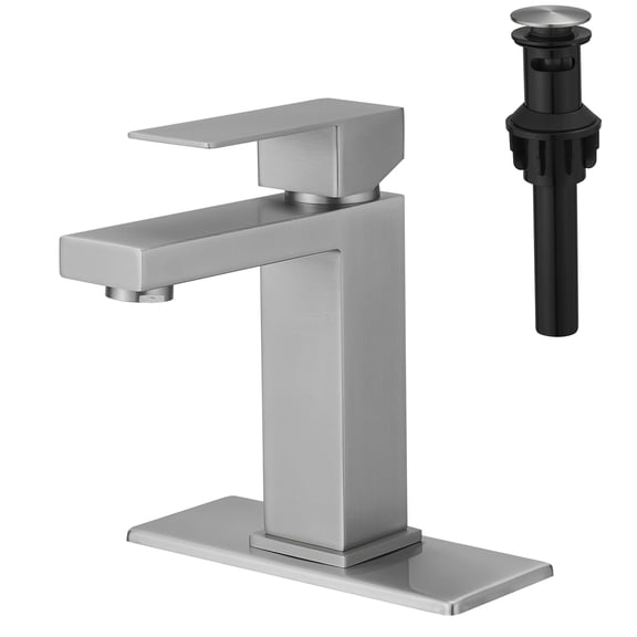 JERFIT Modern Waterfall Bathroom Faucet, Brushed Nickel Single Hole Vanity Sink Faucet with Pop-Up Drain and Deck Plate
